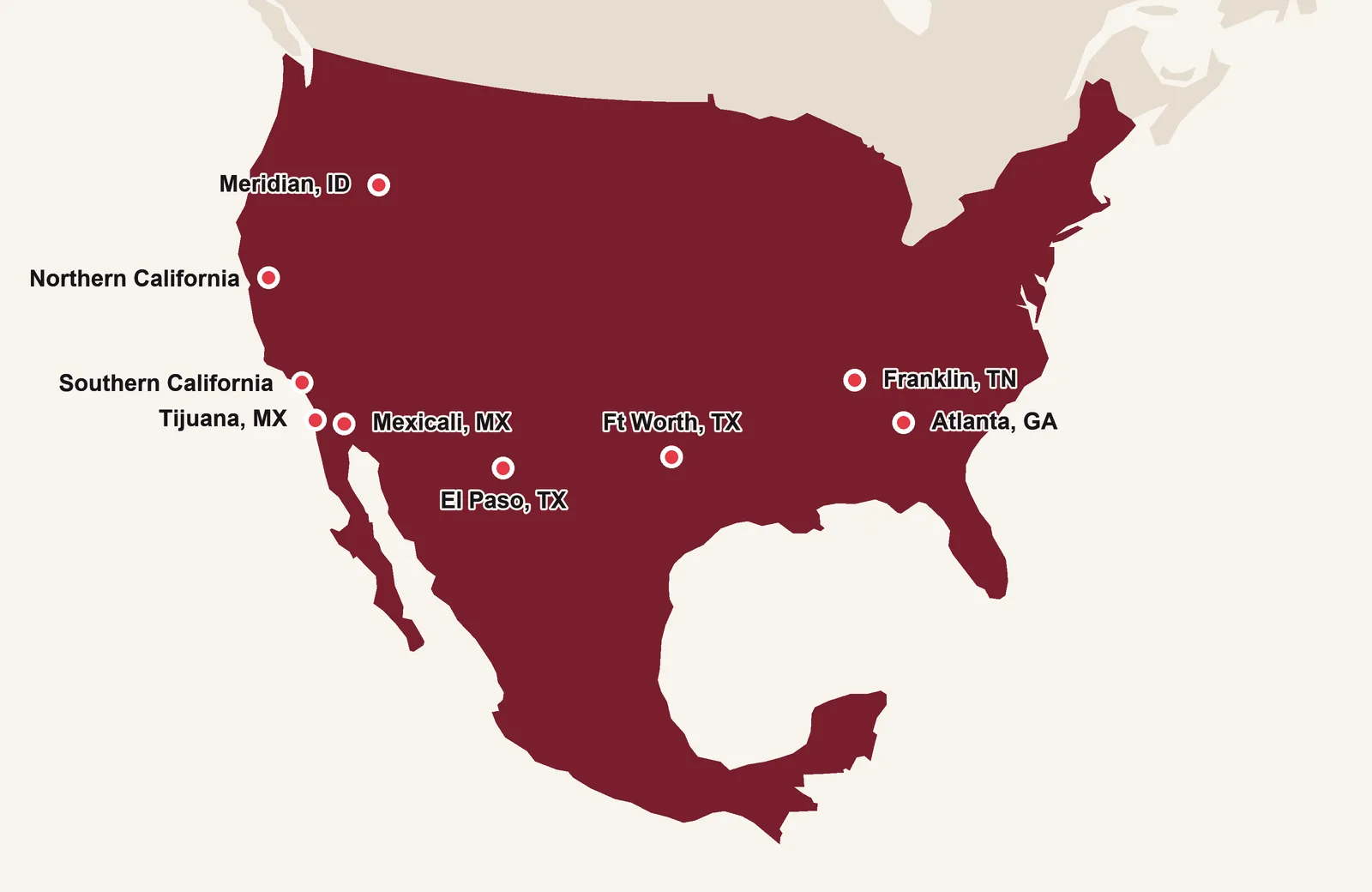 Map of North America marking GMS Industries locations: Northern California, Southern California, Meridian Idaho, El Paso Texas, Ft Worth Texas, Franklin Tennessee, Atlanta Georgia, Mexicali Mexico, and Tijuana Mexico.