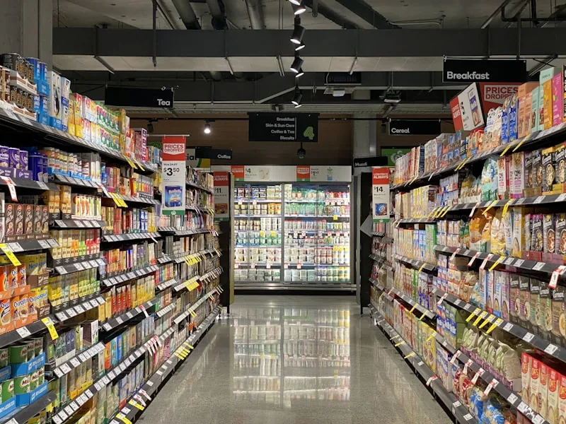 Food and beverage products on a US supermarket shelf